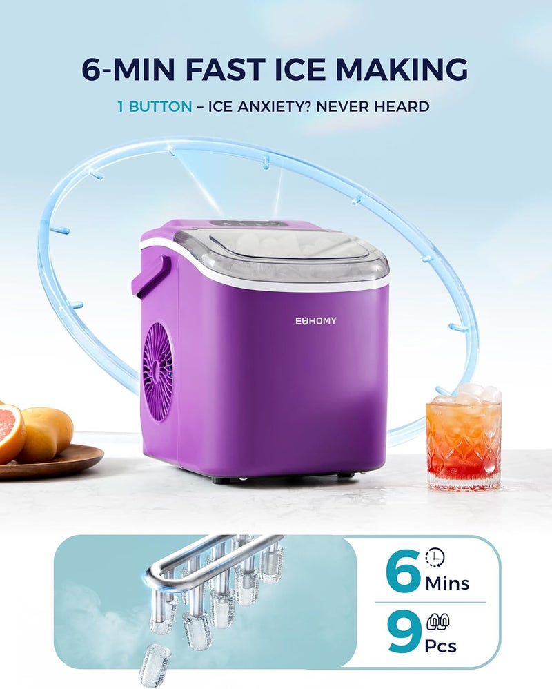 EUHOMY Countertop Ice Maker Machine with Handle, 26lbs Per Day, 9 Ice Cubes Ready in 6 Mins, Auto-Cleaning Portable Ice Maker with Basket and Scoop, for Home/Kitchen/Camping/RV (Purple) - Image 3